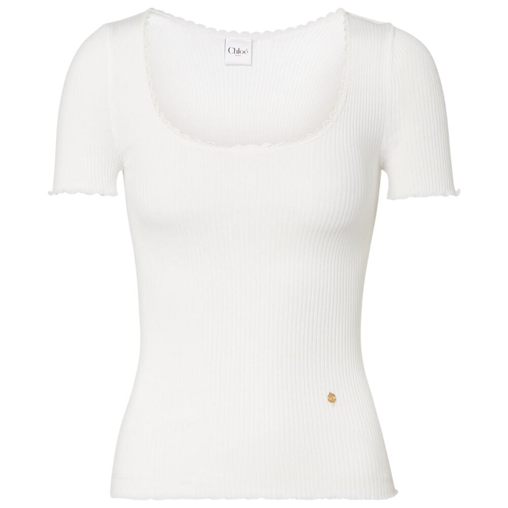 Chloe Sleek White Lace-Trimmed Ribbed-Knit T-Shirt Size XS